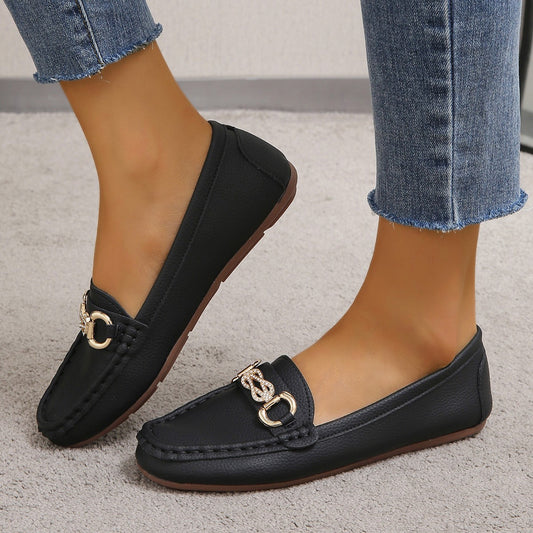 Adeline Ambleside | Black Leather Driving Loafers With Gold Bit For Women