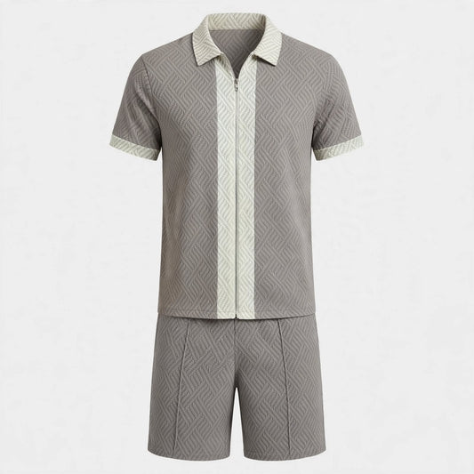 Archer Hayes | Grey Patterned Polo And Shorts Set For Men