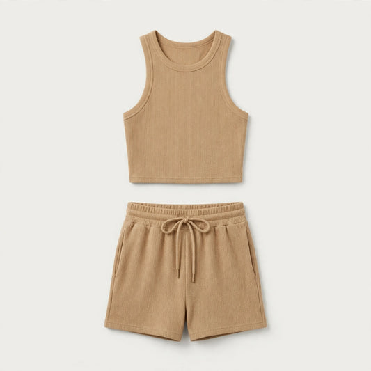 Edie Bexley | Beige Racerback Crop Top And Shorts Set For Women