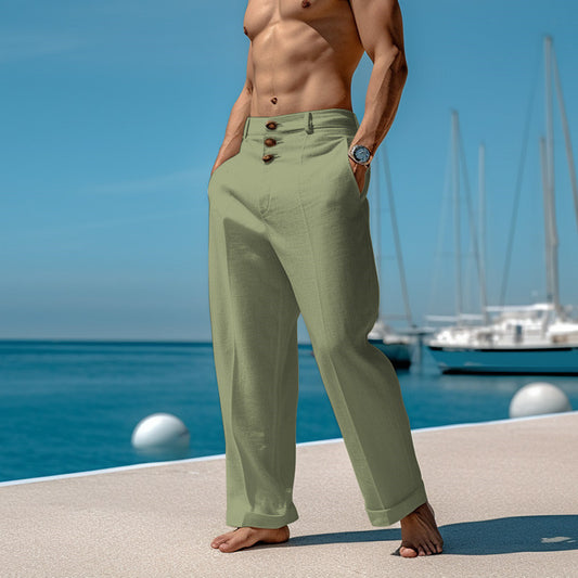Reid Bramber | Camel High Waist Wide Leg Linen Look Trousers For Men