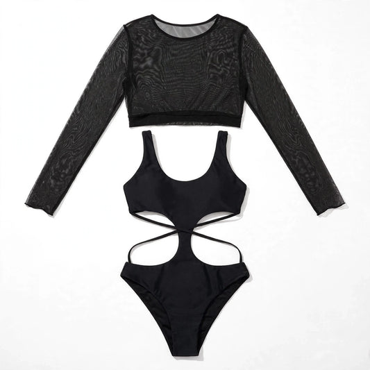 Rhian Marchbank | Black Long Sleeve Cut Out Swimsuit For Women