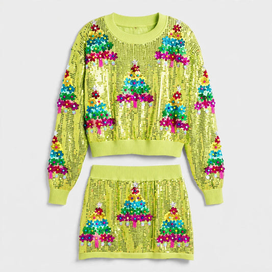 Merry Ember | Sequin Tree Christmas Two-Piece Set For Women