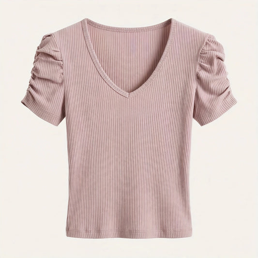 Orla Penrose | Red Ribbed Puff Sleeve V-Neck Top For Women
