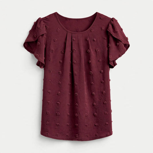 Elsie Fairholme | Burgundy Swiss Dot Petal Sleeve Top For Women