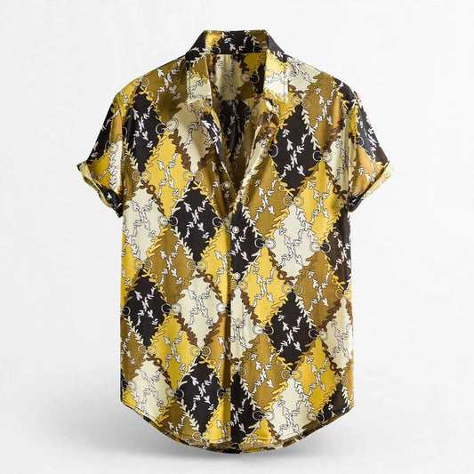 Ambrose Netherby | Yellow Argyle Print Short Sleeve Shirt For Men