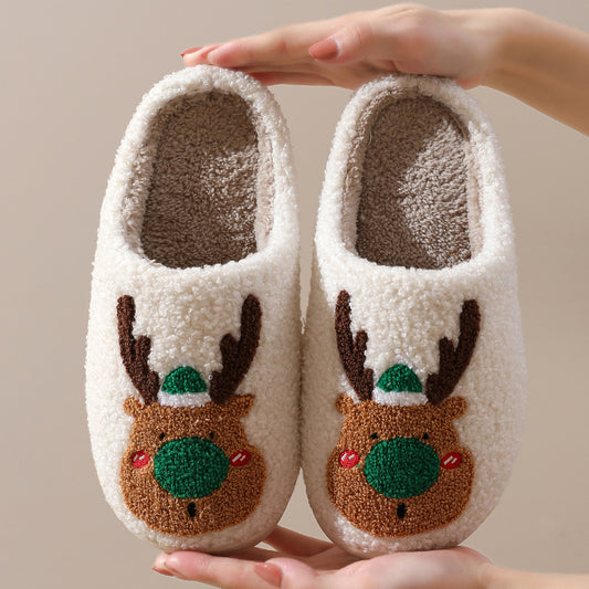 Cocoa Cheer | Cream Reindeer Christmas Slippers For Women