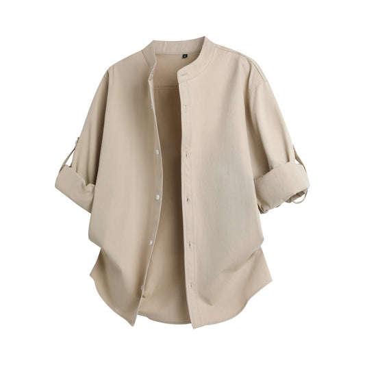 Dewi Larkspur | Band Collar Linen Look Shirt For Men