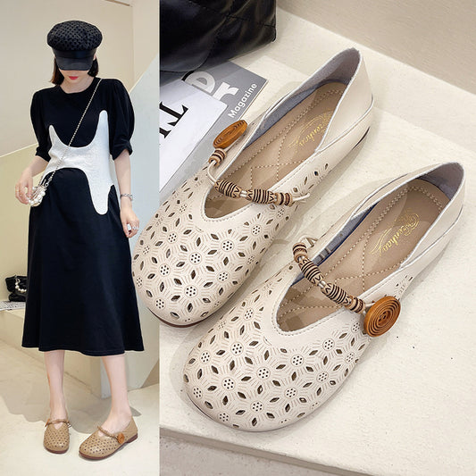 Fleur Fernleigh | Cream Perforated Leather Flats For Women
