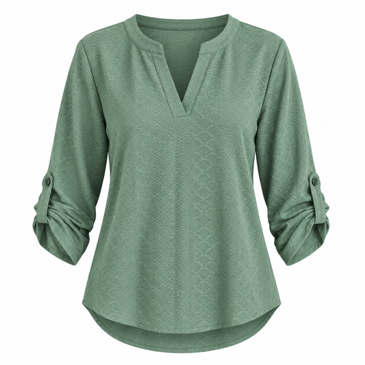 Clementine Rosewood | V-Neck Blouse With Roll-Tab Sleeves For Women