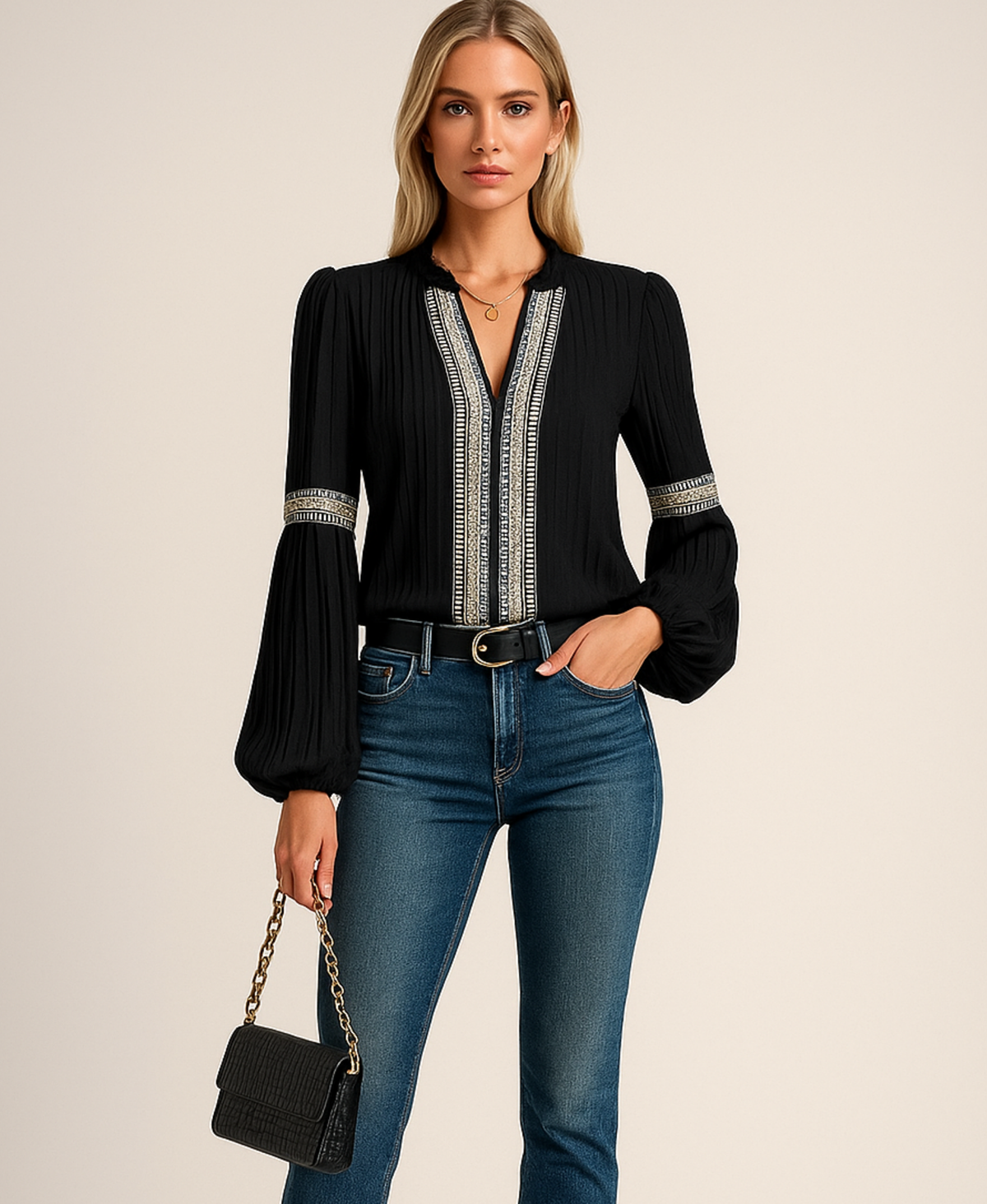 Vivienne Ashcroft | Vintage V-Neck Blouse With Embroidered Trim For Women