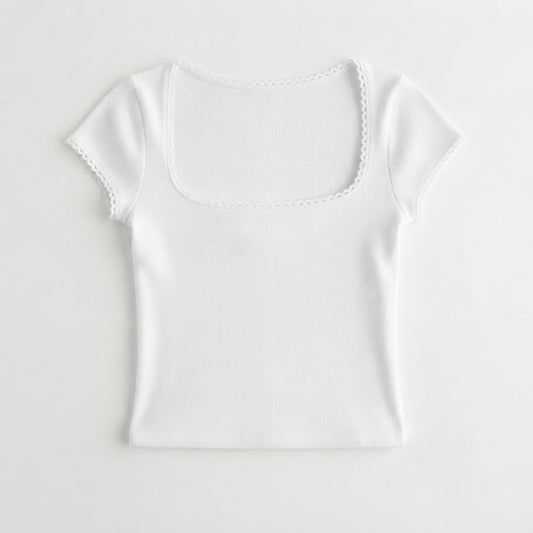 Harriet Nash | Ribbed Knit T-Shirt With Lace Trim For Women
