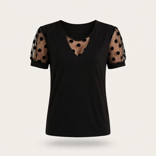 Nell Oakhurst | Black Dot Mesh Puff Sleeve T-Shirt For Women