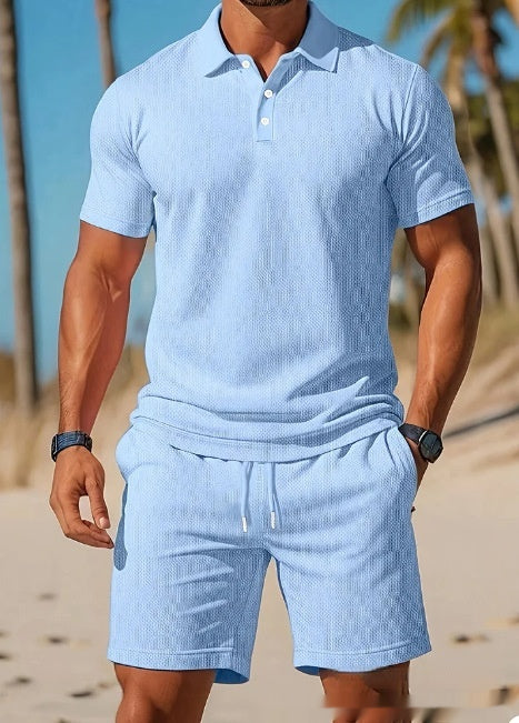 Brock Flintoff | Light Blue Textured Polo And Shorts Set For Men