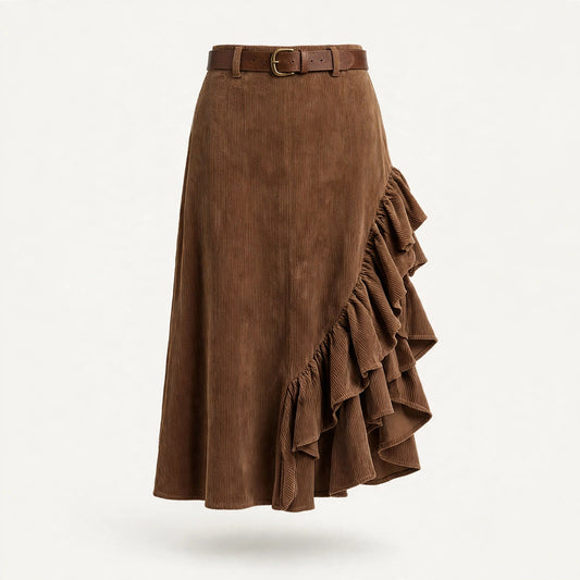 Bryony Vandale | Brown Corduroy Ruffle Midi Skirt For Women