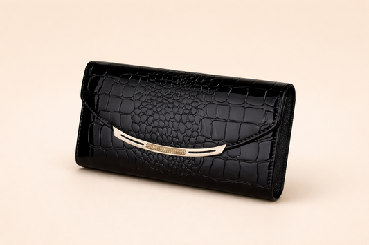 Celestine Harrowgate | Black Croc Envelope Clutch For Women
