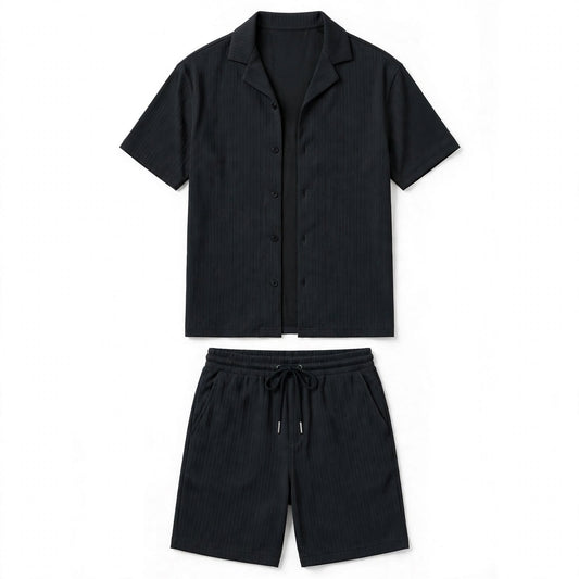 Dexter Granger | Charcoal Ribbed Camp Collar Shirt Set For Men