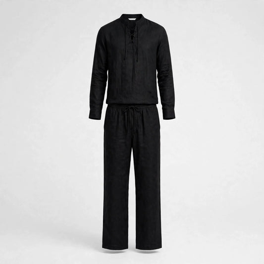 Callum Stewart | Black Linen Look Lace-Up Two-Piece Set For Men