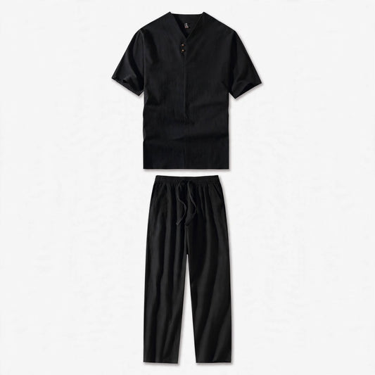 Marcus Kelly | Black Linen Look V-Neck Two-Piece Set For Men