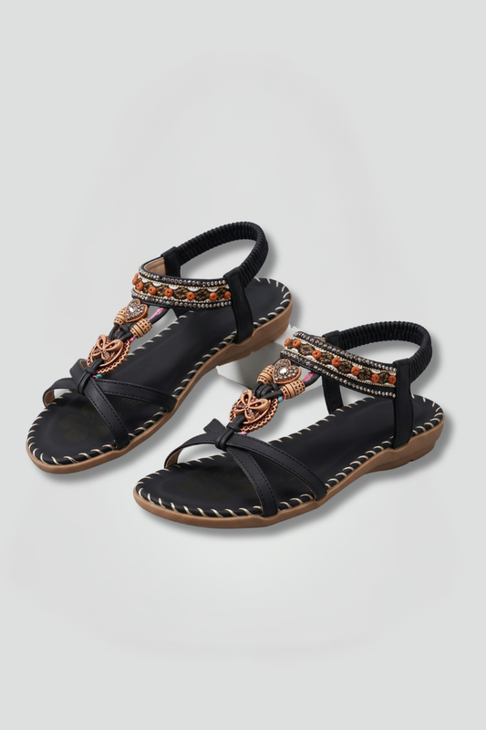 Eliza Dunmore | Black Beaded Toe Ring Flat Sandals For Women