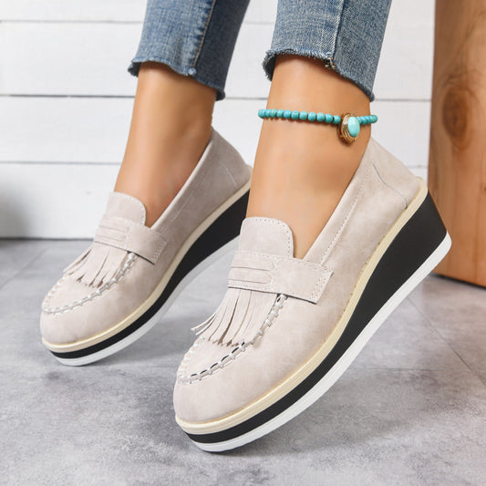 Frida Glenmore | Navy Fringe Loafers On A Wedge Sole For Women