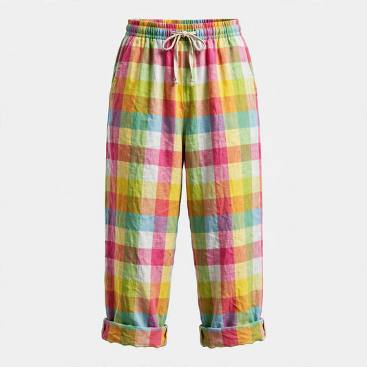 Hafwen Tanfield | Rainbow Check Linen Look Trousers For Women