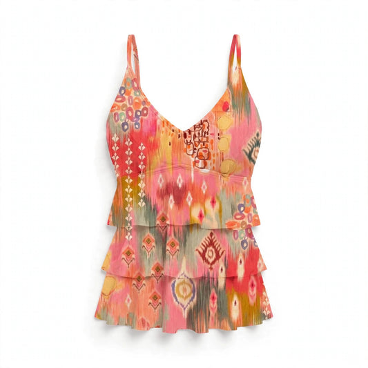 Lorelei Bancroft | Pink Patterned Tiered Tankini With Skirt For Women