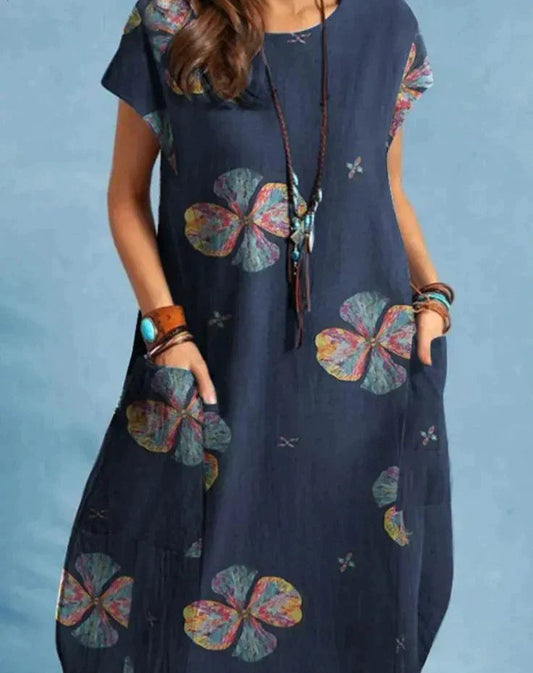 Mabel Denholm | Fuchsia Floral Print Linen Look Shift Dress For Women