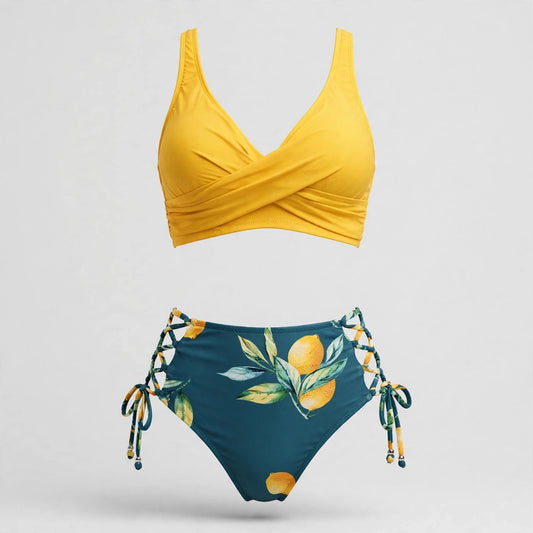 Nerys Dalmore | Yellow Lace Back Bikini With Lemon Print For Women