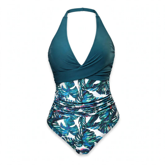 Nia Ivybridge | Teal Tropical Print Halter Swimsuit For Women
