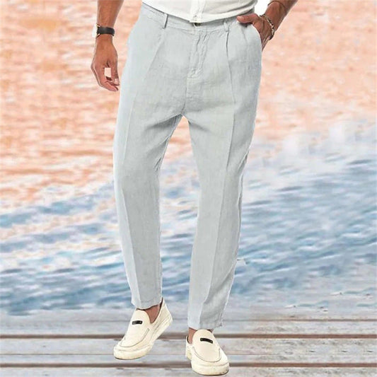 Piers Alderley | Oatmeal Pleated Linen Look Trousers For Men