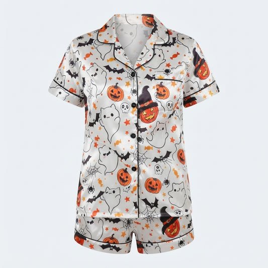 Eloise Marchmont | Ghost Pumpkin Print Satin Pyjama Set For Women