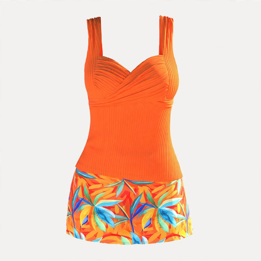Tamsin Fairweather | Orange Tropical Print Tankini With Skirt For Women