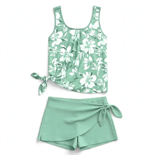 Una Mereworth | Sage Floral Tankini With Shorts For Women