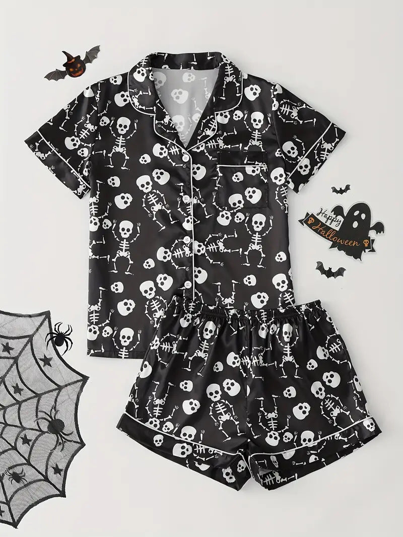 Eloise Marchmont | Ghost Pumpkin Print Satin Pyjama Set For Women
