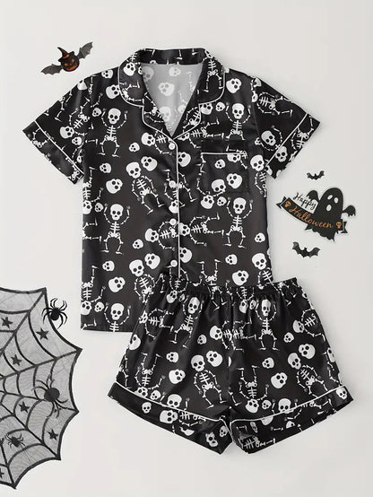 Eloise Marchmont | Ghost Pumpkin Print Satin Pyjama Set For Women