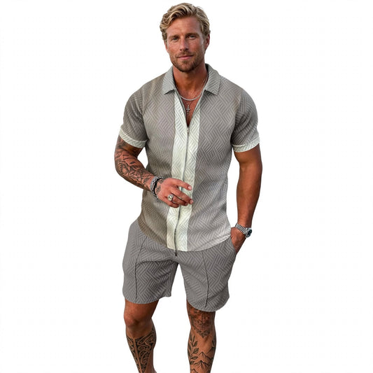 Archer Hayes | Grey Patterned Polo And Shorts Set For Men