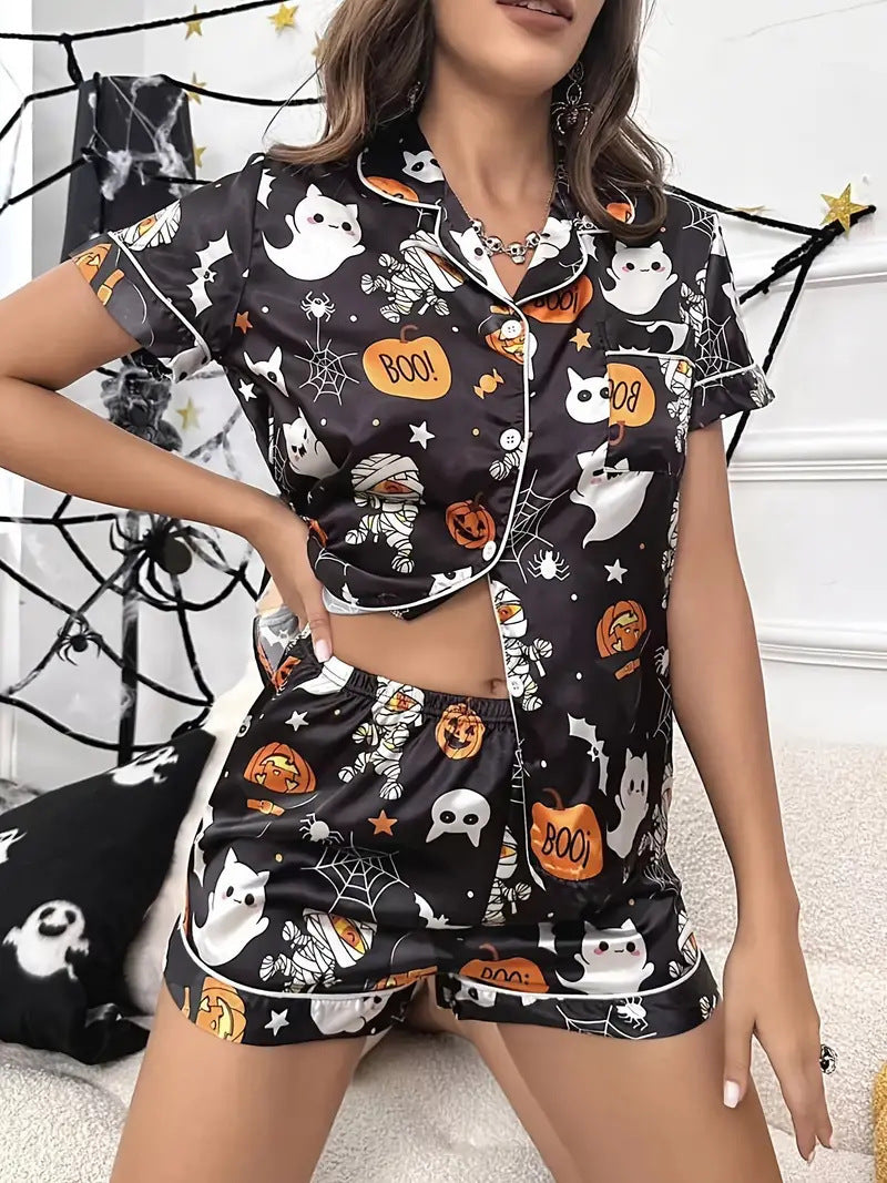 Eloise Marchmont | Ghost Pumpkin Print Satin Pyjama Set For Women