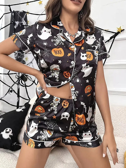 Eloise Marchmont | Ghost Pumpkin Print Satin Pyjama Set For Women