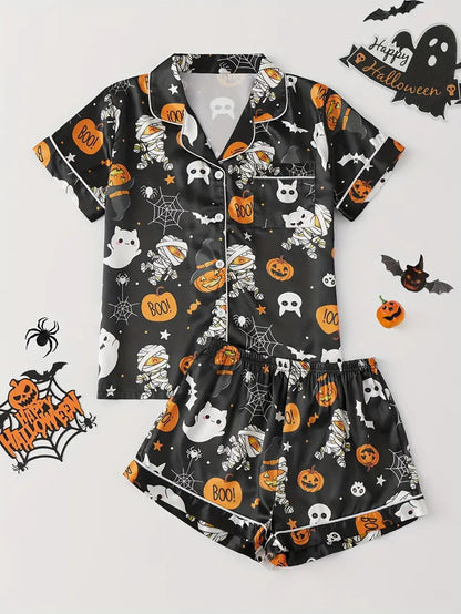Eloise Marchmont | Ghost Pumpkin Print Satin Pyjama Set For Women
