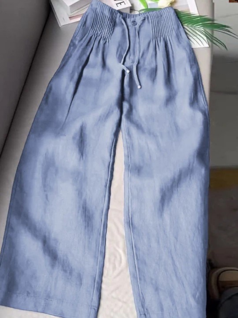 Maren Kelbrook | Navy Pintuck Wide Leg Linen Look Trousers For Women