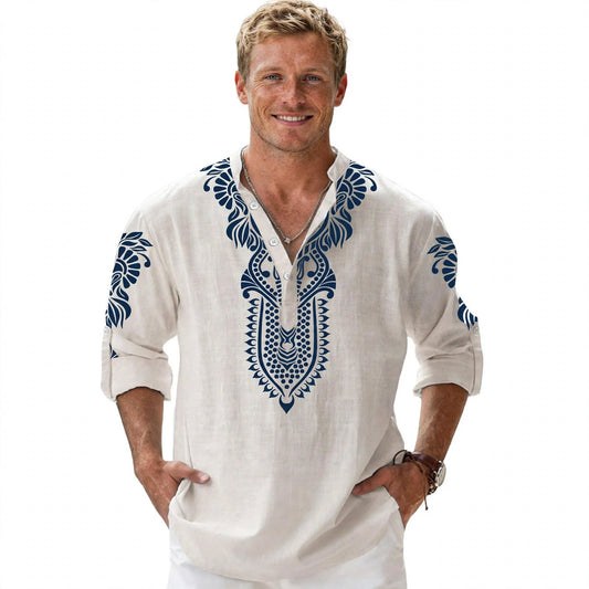 Finlay Newbury | Printed Band Collar Beach Shirt For Men
