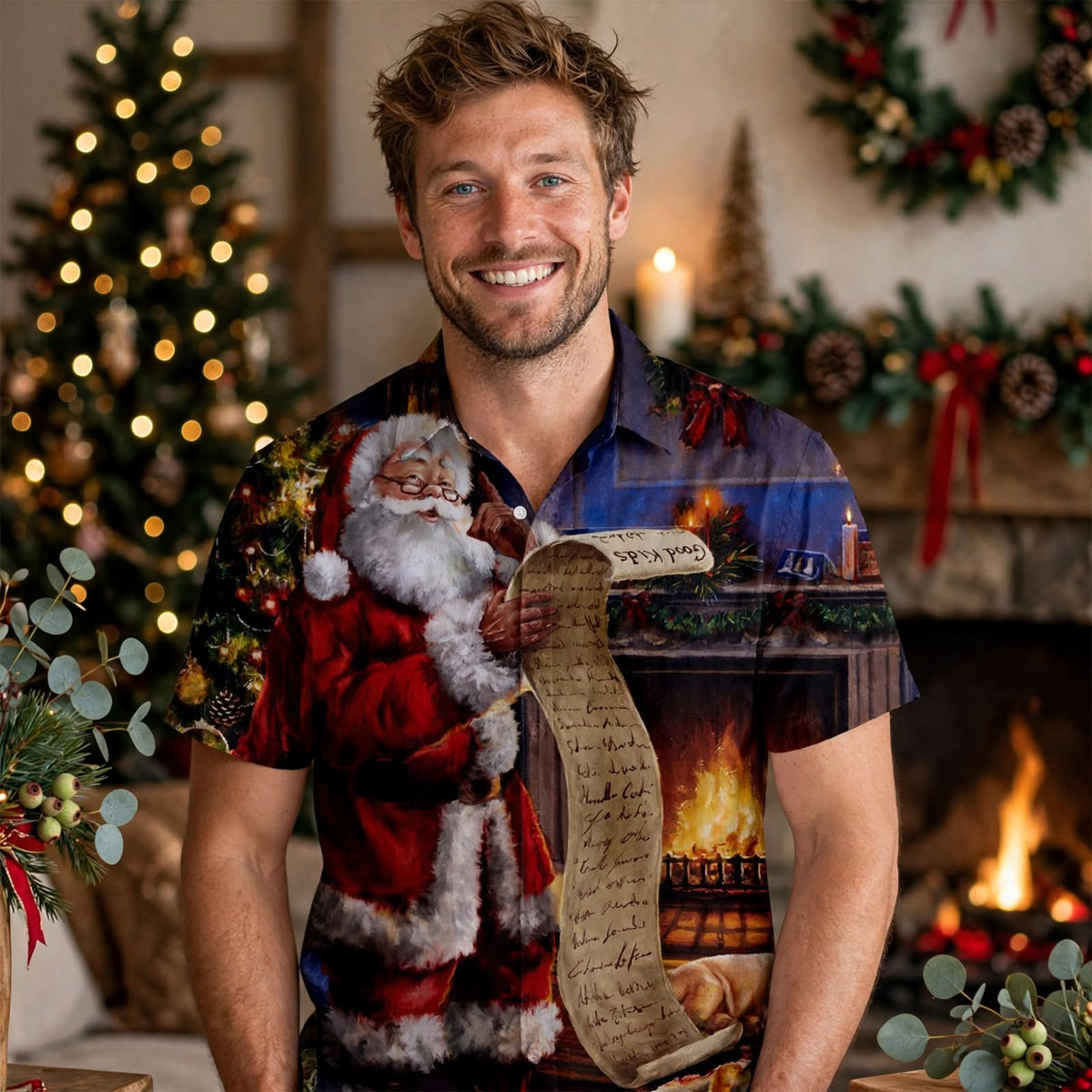 Fireside Glow | Navy Santa Print Christmas Shirt For Men