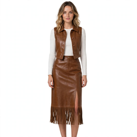Elowen Yardleigh | Brown Leather Fringe Midi Skirt For Women