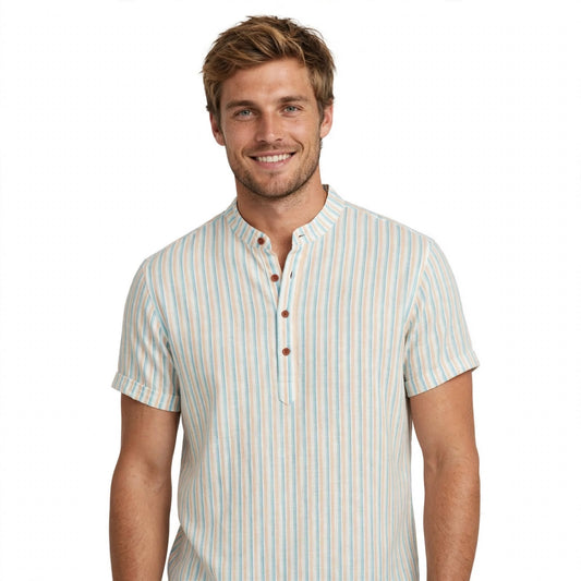 Ellis Mowbray | Striped Band Collar Shirt For Men