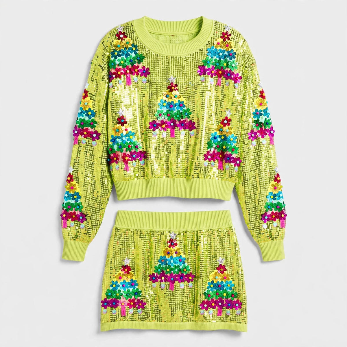 Merry Ember | Sequin Tree Christmas Two-Piece Set For Women