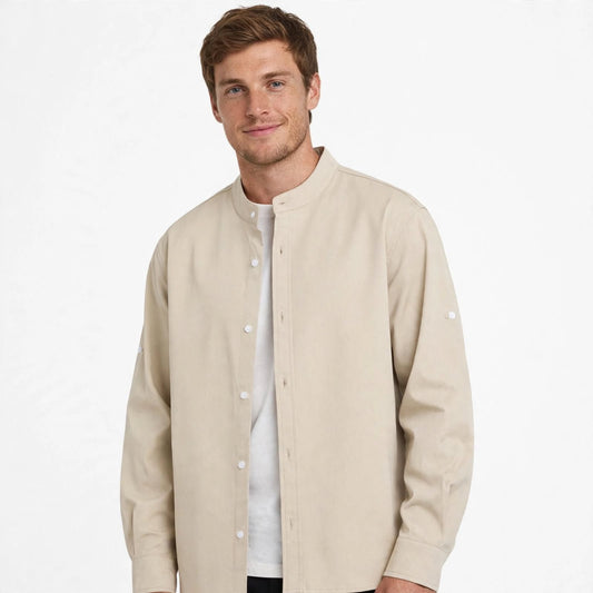 Dewi Larkspur | Band Collar Linen Look Shirt For Men