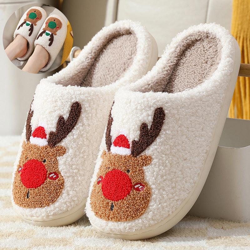 Cocoa Cheer | Cream Reindeer Christmas Slippers For Women