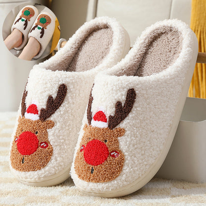 Cocoa Cheer | Cream Reindeer Christmas Slippers For Women