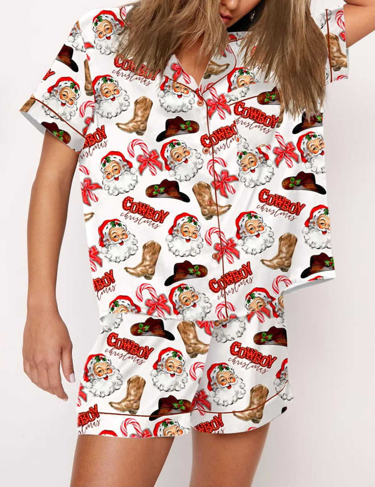 Jolly Night | Satin Santa Print Christmas Pyjamas For Women