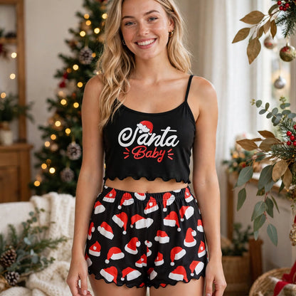 Mistletoe Kiss | Black Santa Baby Print Christmas Pyjamas For Women